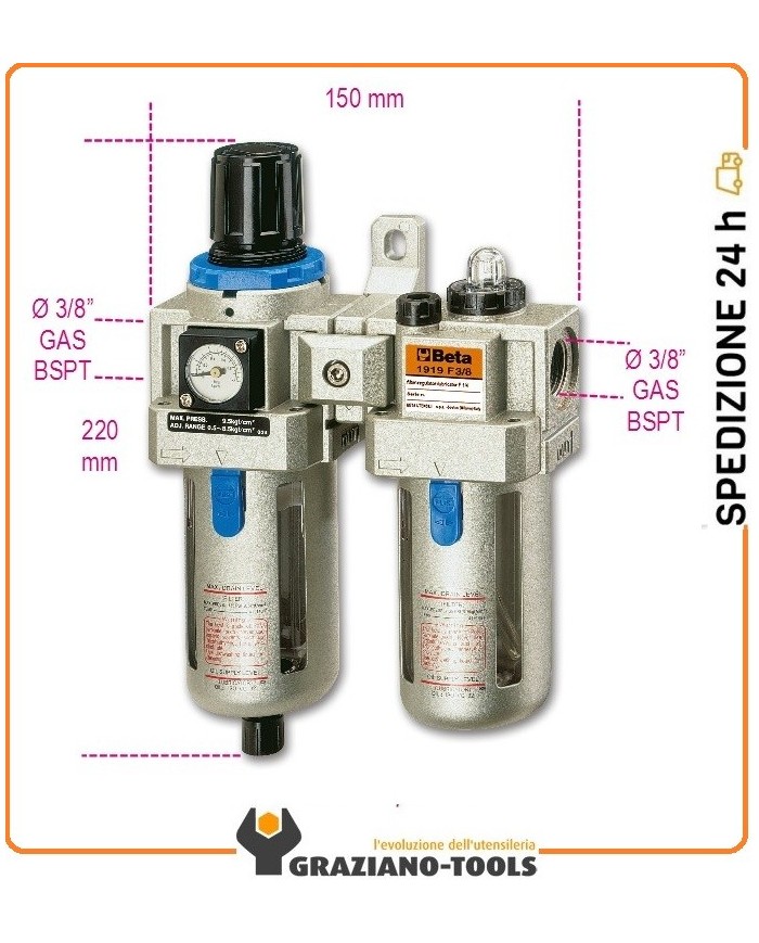 Filtro regolatore lubrificatore 3/8 Gas BSPT 1919F3/8